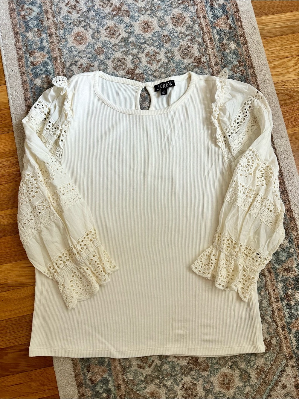 J. Crew Cream XL Ruffle-trim eyelet top in vintage rib BT680